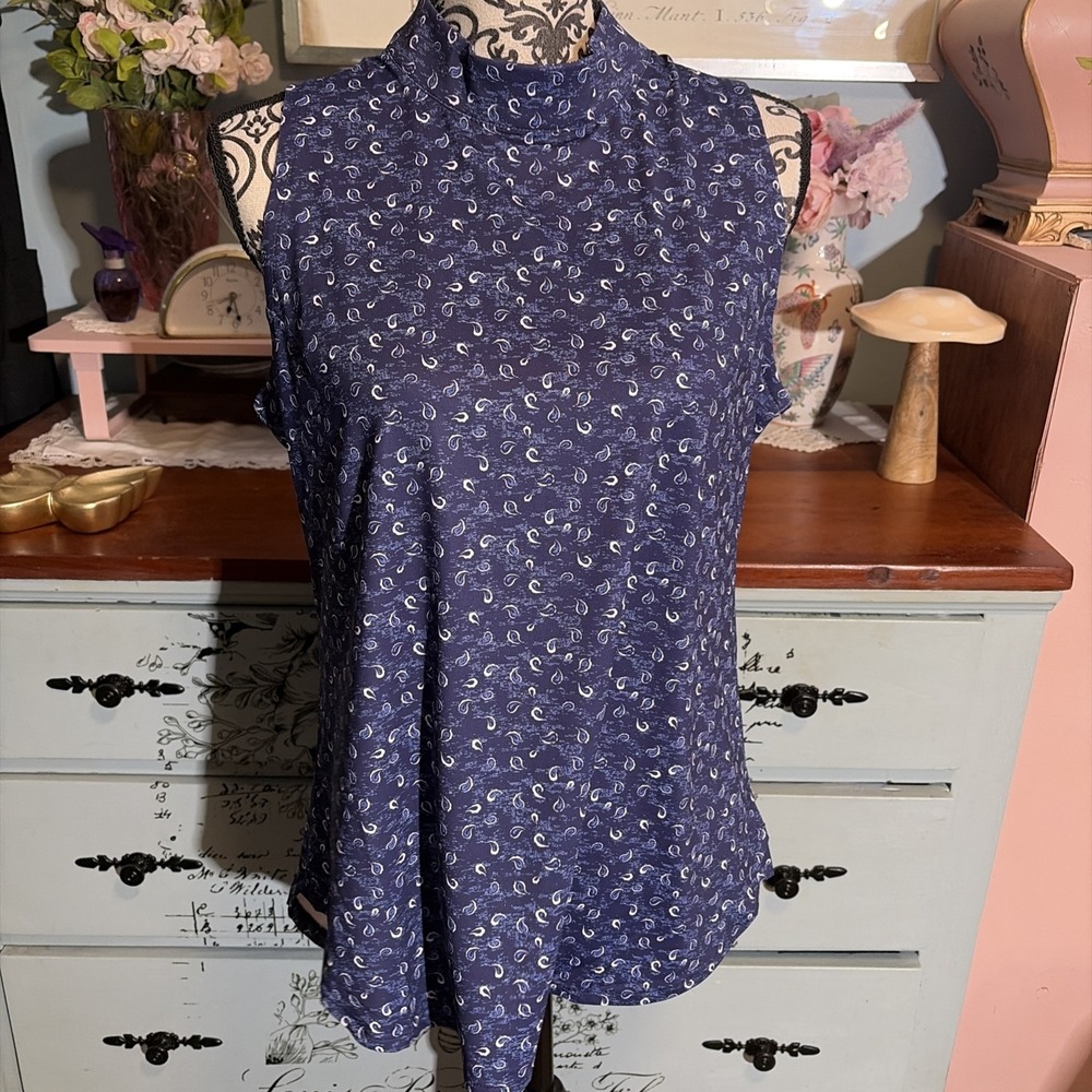Women's Peter Millar Performance High Neck Sleeveless Tank Blue Paisley L UPF 50